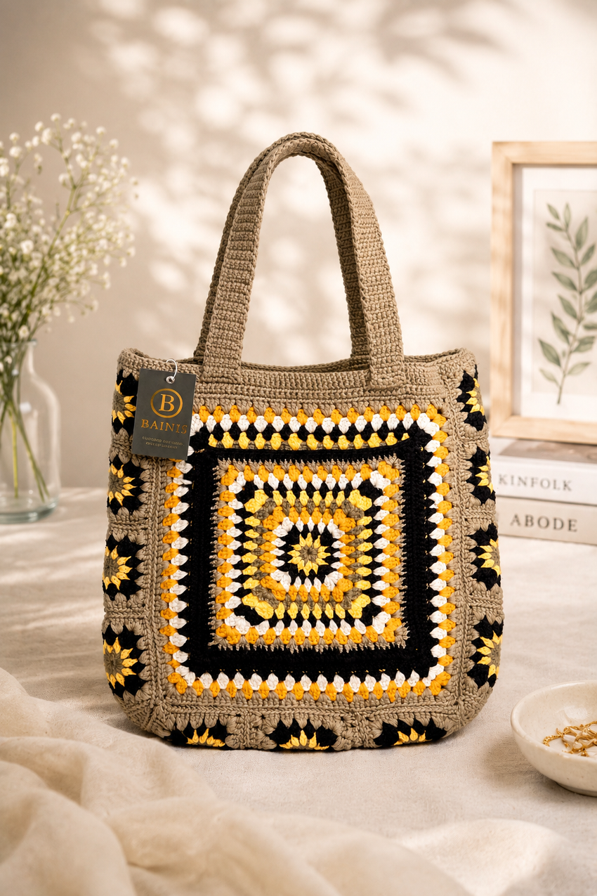 The Earthy Geometric: Handmade-Crocheted Granny Square Tote