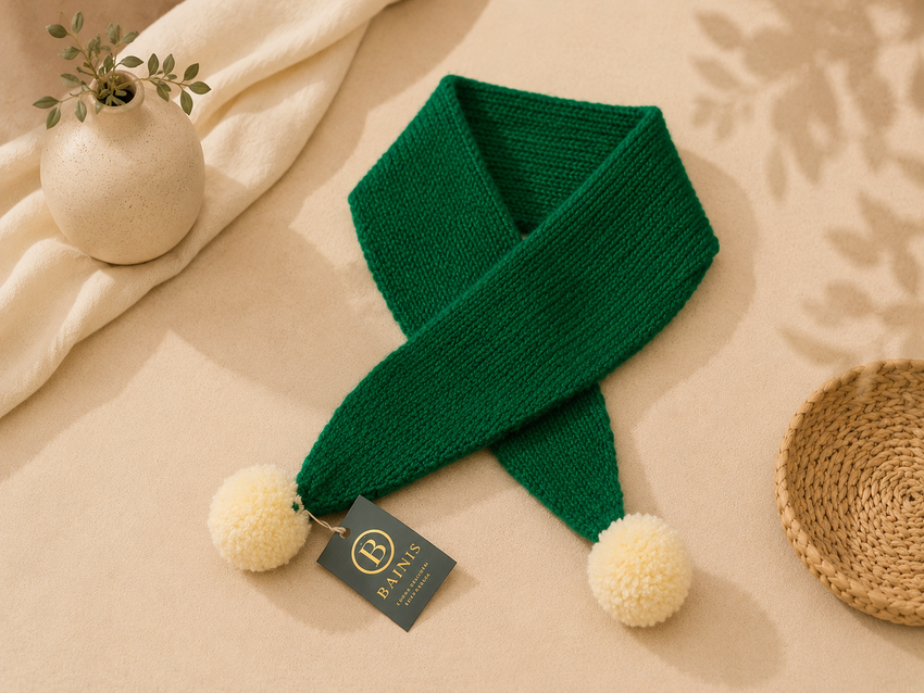 The Emerald Forest Knitted Scarf with Cream Pom-Pom Charms