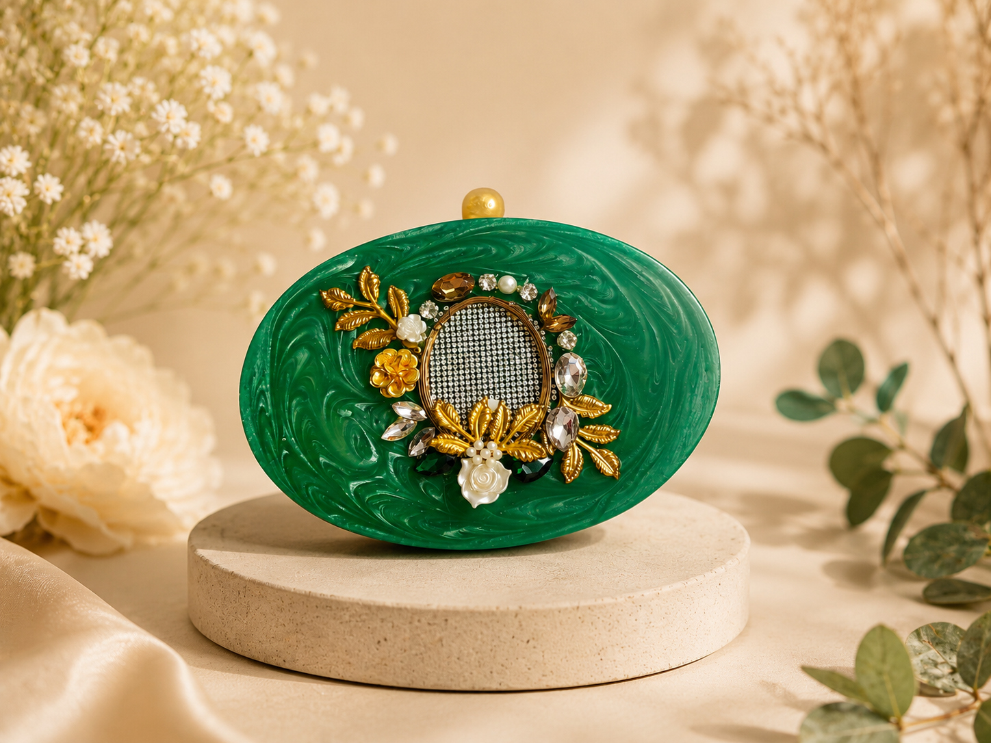 The Emerald Heirloom: Embellished Resin Evening Clutch