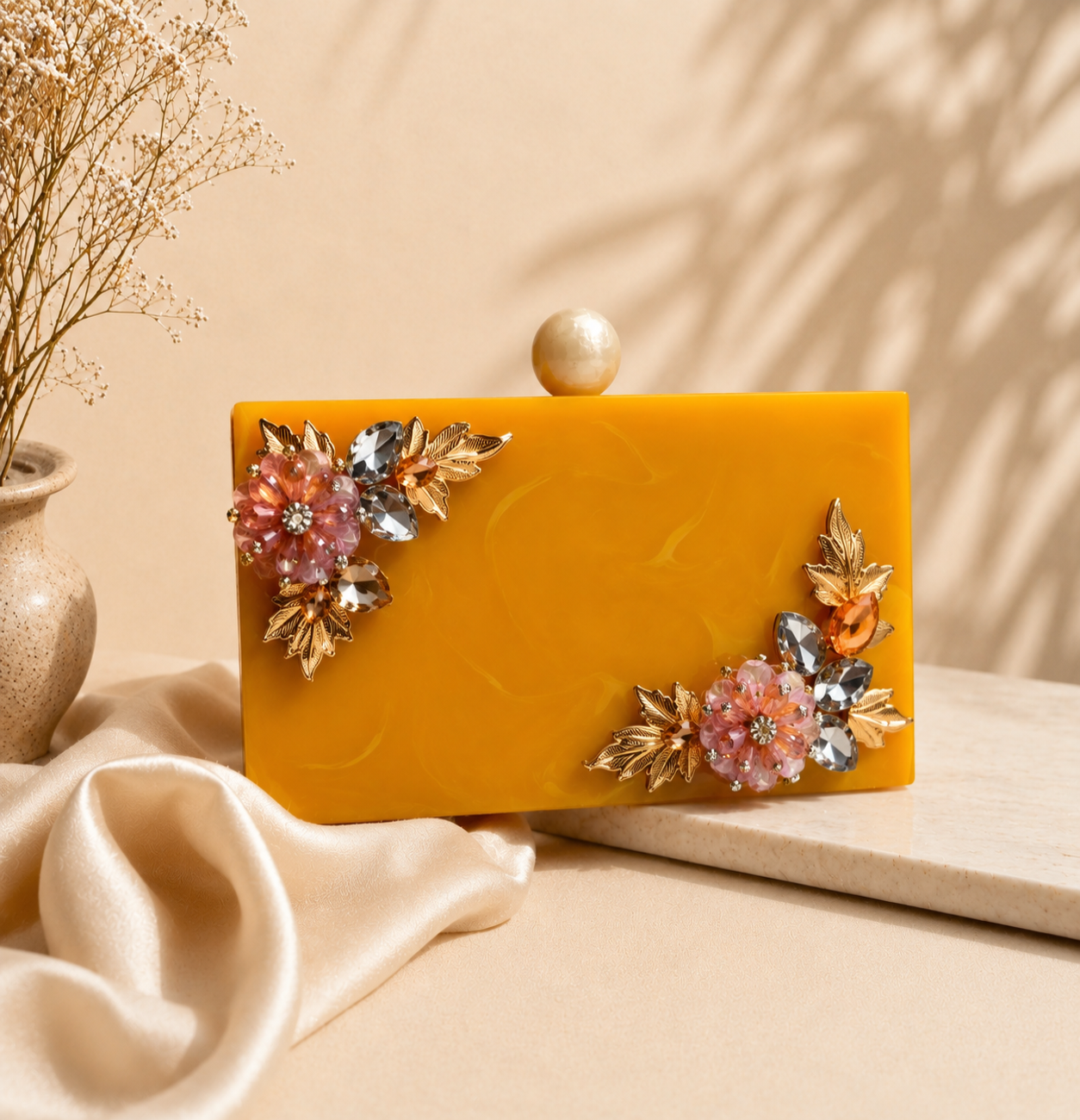 The Golden Petal: Embellished Resin Evening Clutch