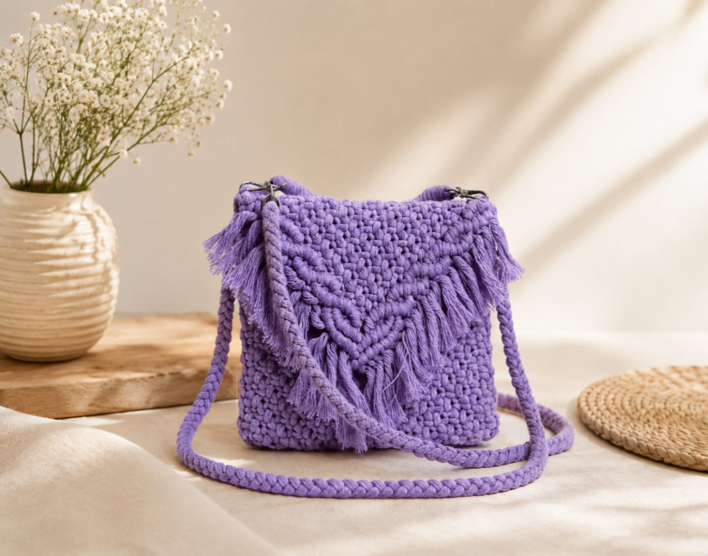 The Lavender Dream: Hand-Knotted Macrame Fringe Sling