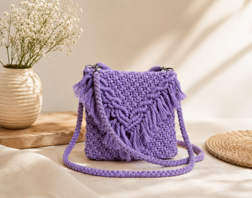 The Lavender Dream: Hand-Knotted Macrame Fringe Sling
