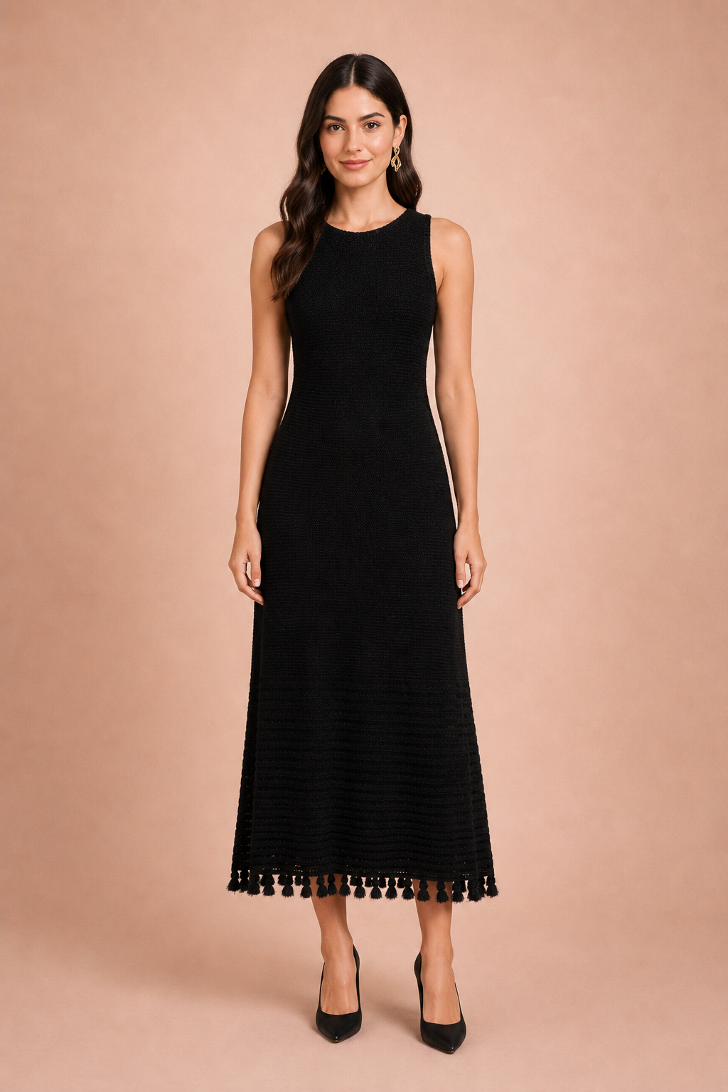The Midnight Onyx 100% Cotton Hand-Crochet Tassel Midi Dress