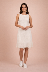 The Pristine Ivory 100% Cotton Hand-Crochet Tassel Mini Dress