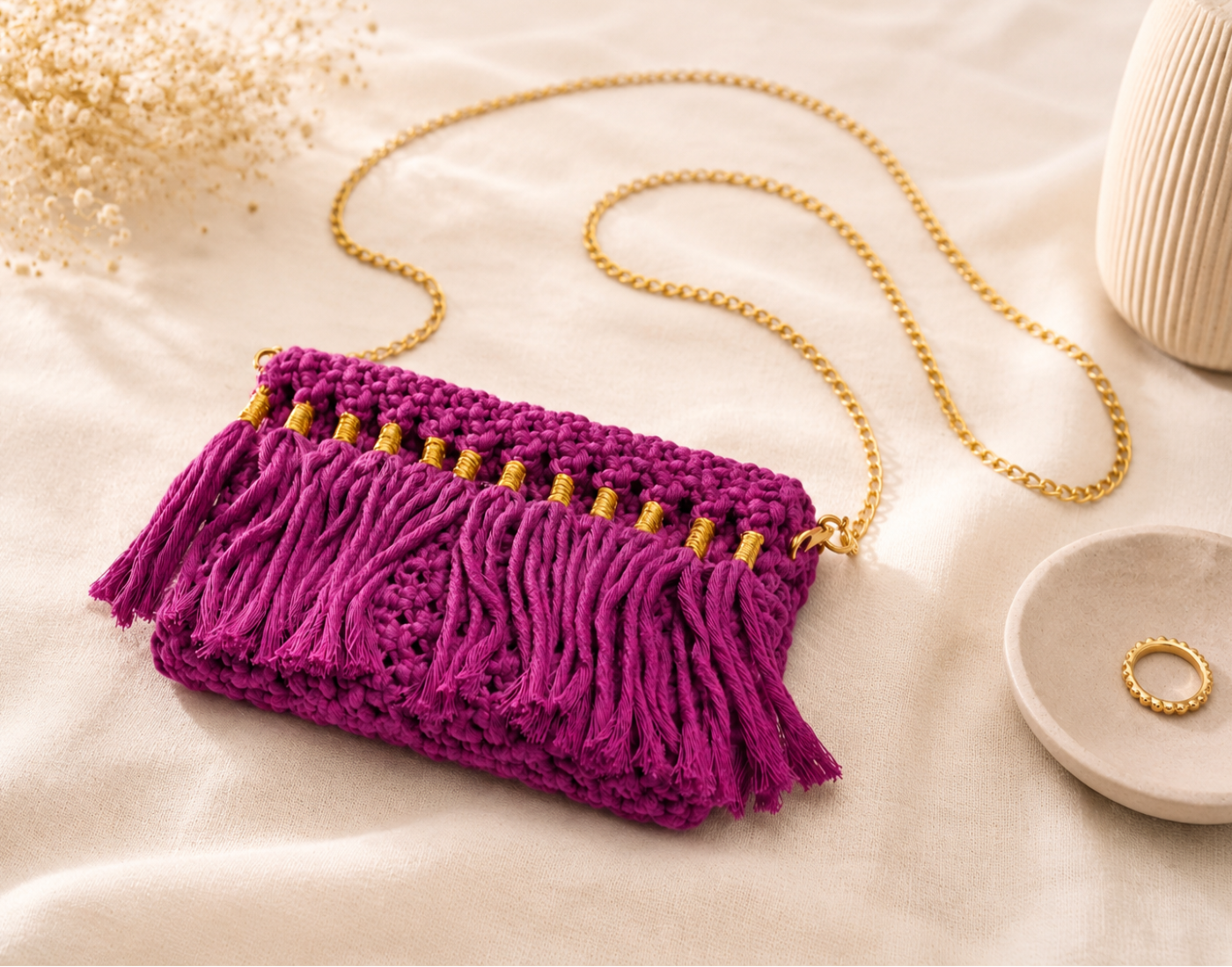 The Royal Fringe Sling: Hand-Knotted Macrame Statement Bag