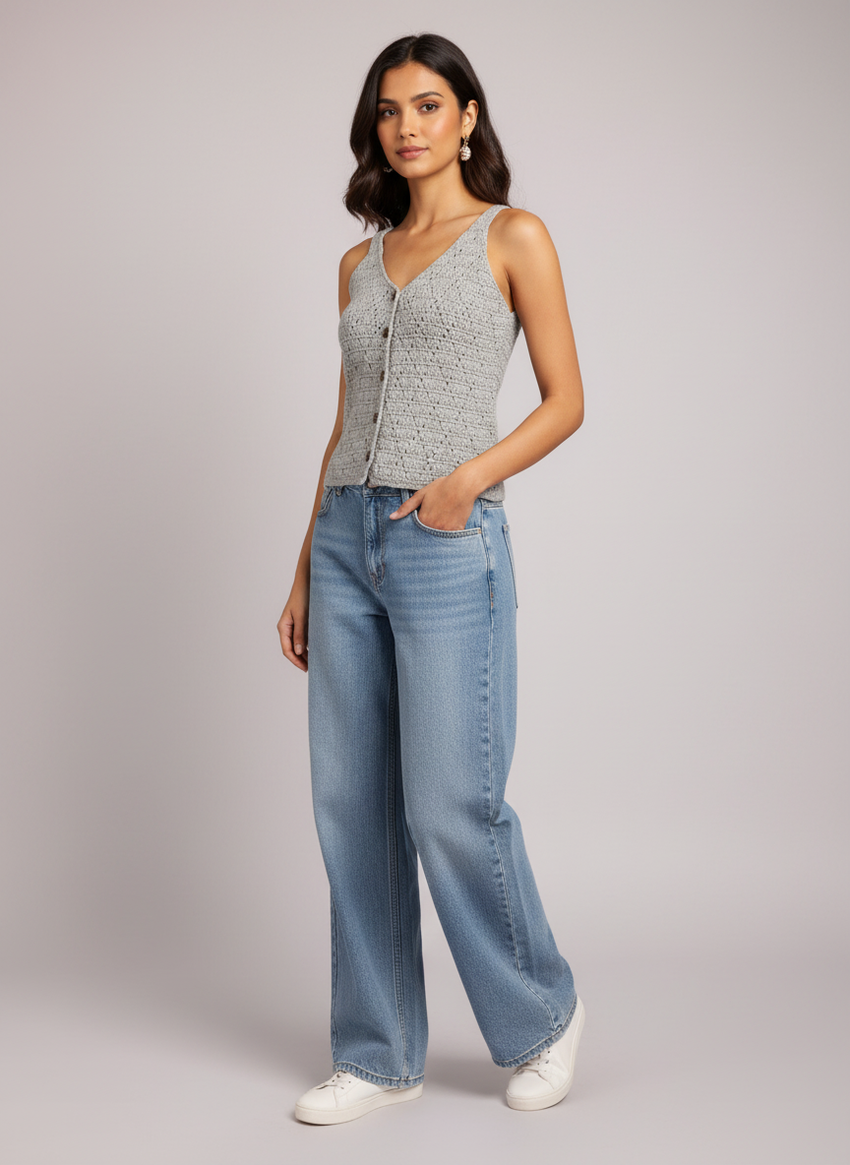 The Silver-Grey Classic Button-Down Crochet Vest