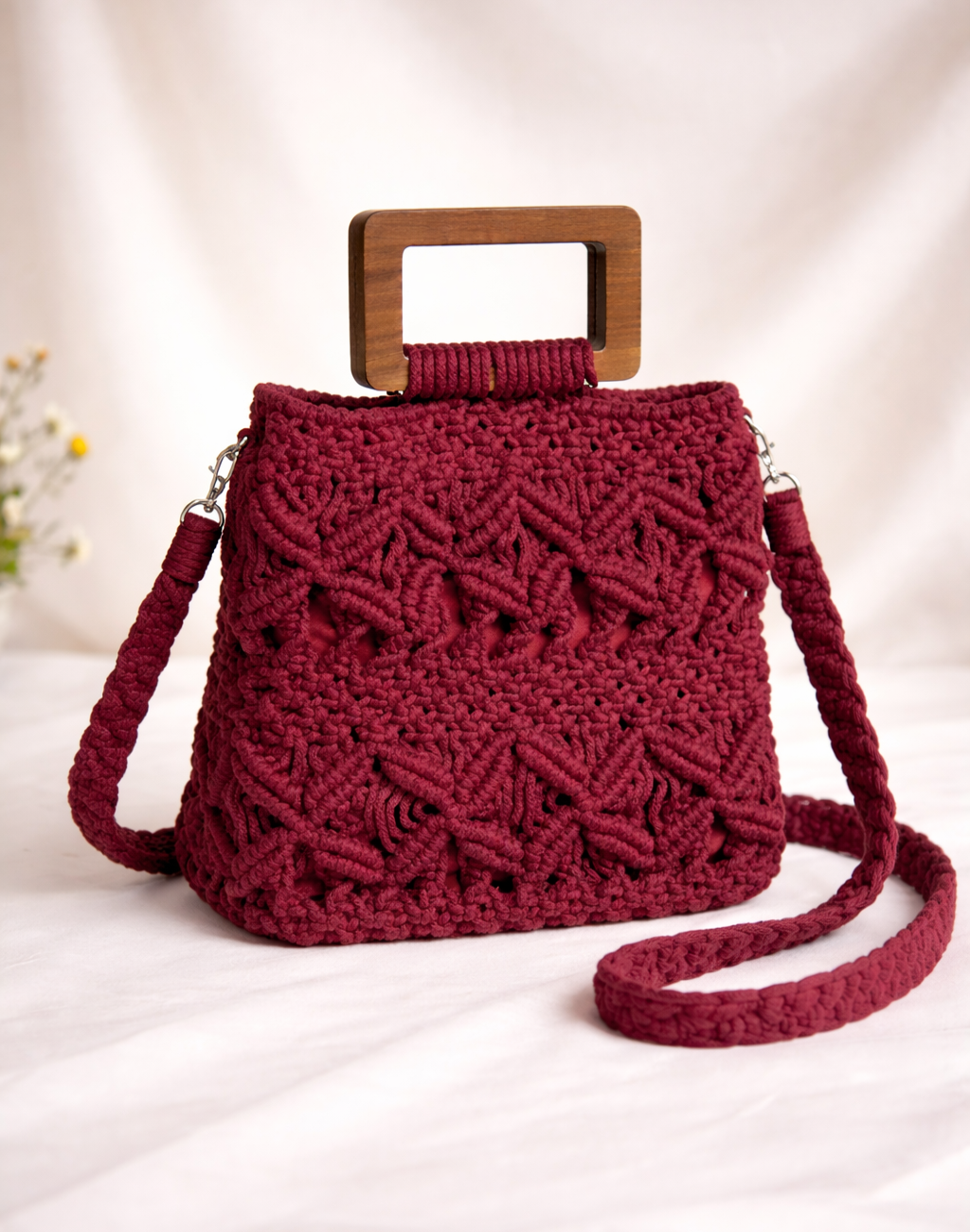 The Velvet Wine: Hand-Knotted Macrame Sling Bag