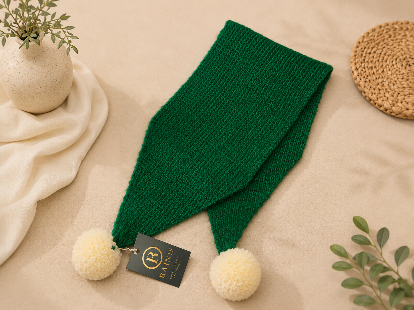 The Emerald Forest Knitted Scarf with Cream Pom-Pom Charms