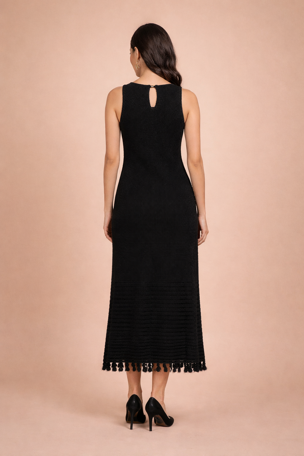 The Midnight Onyx 100% Cotton Hand-Crochet Tassel Midi Dress