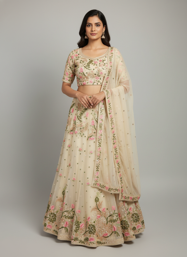 Blush Ivory Floral Embroidered Lehenga Set
