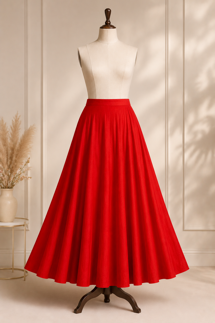 Zara Crimson Red Cotton Blend Flared Lehenga Skirt (With Single Can-Can)