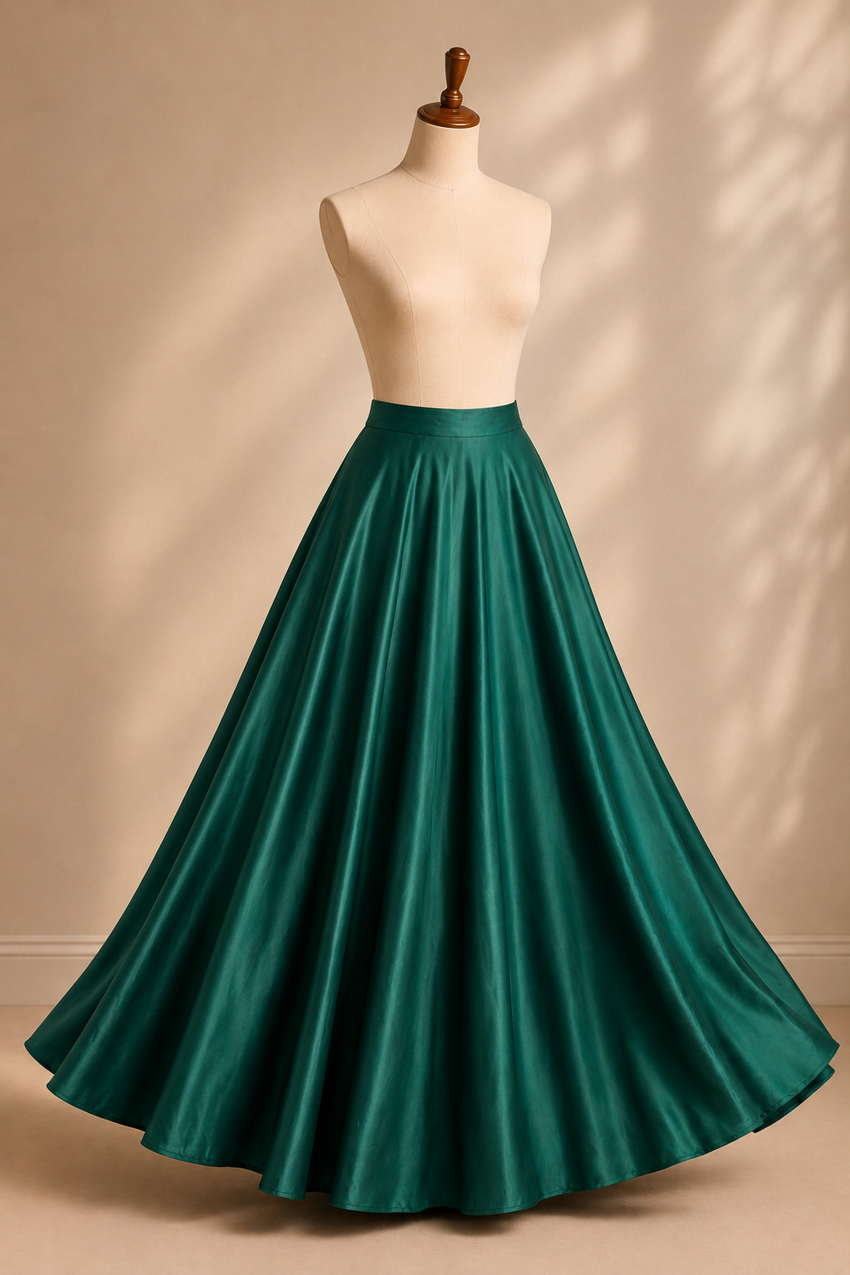 Zara Emerald Satin Silk Flared Lehenga Skirt (With Single Can-Can)