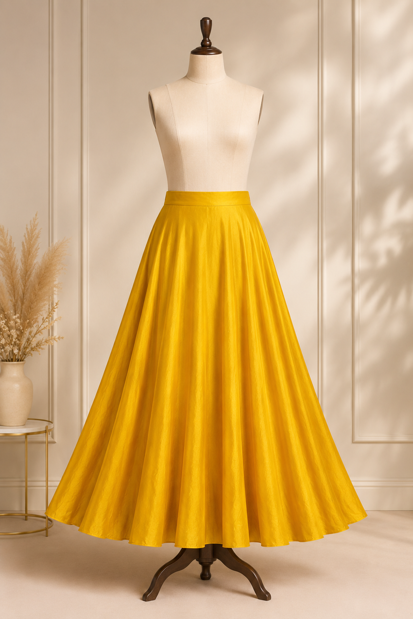 Zara Mustard Yellow Satin Silk Flared Lehenga Skirt (With Single Can-Can)