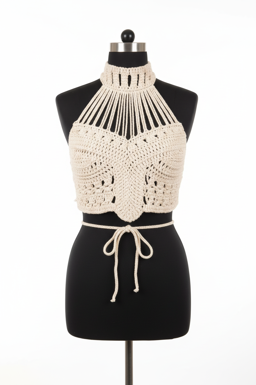 Cream Crochet Halter Top on Standard Black Mannequin