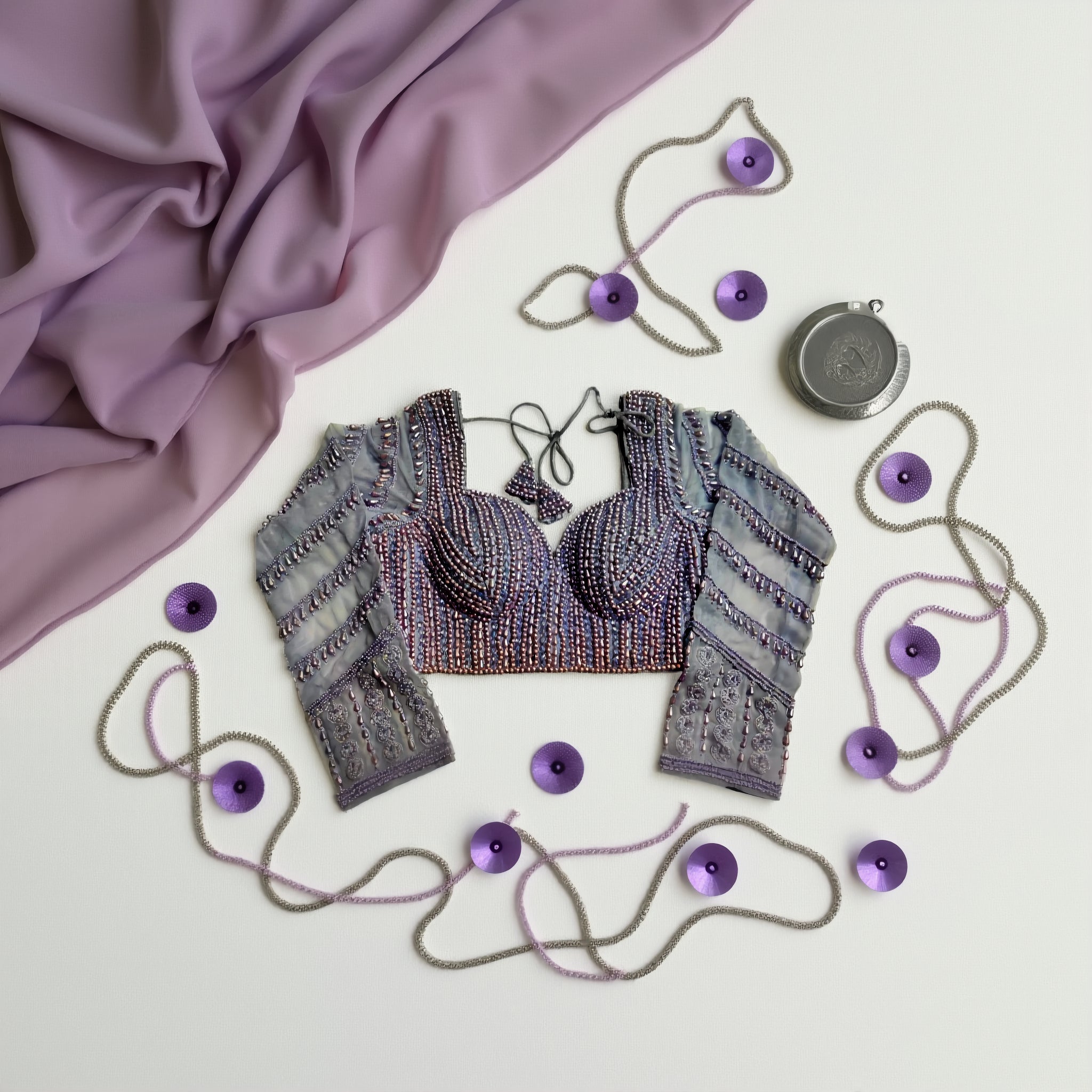 Hand-Embroidered Georgette Blouse – Purple