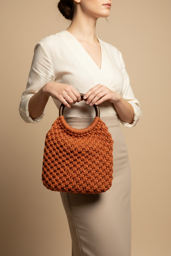 Model actively holding rust-orange woven handbag