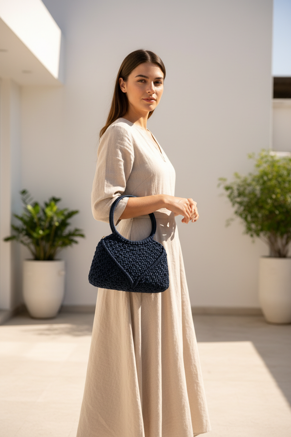Navy Macramé Handbag with Female Model