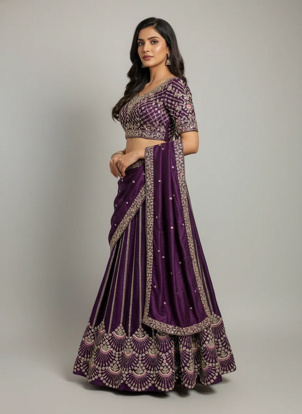 Royal Purple & Silver Embroidered Bridal Lehenga Set