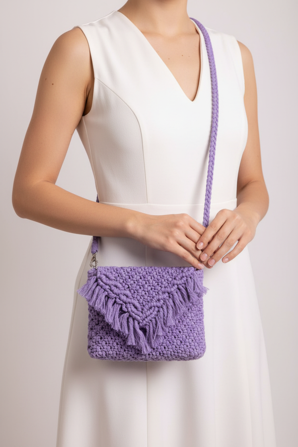 Professional lifestyle shot of model with lavender crochet crossbody bag