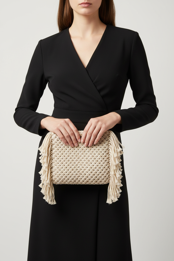 Professional lifestyle shot of model with natural beige macramé clutch