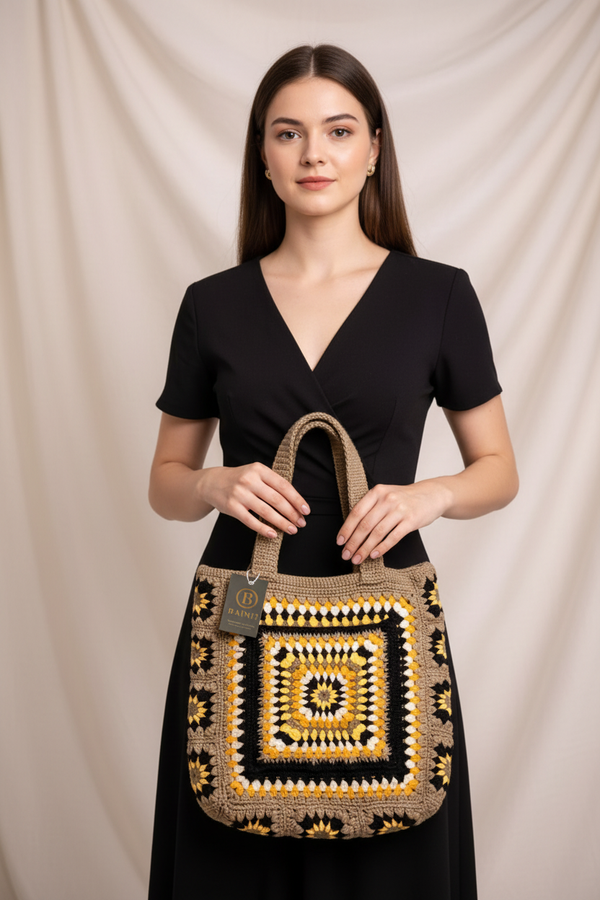 Professional lifestyle shot of model with sunflower crochet tote bag