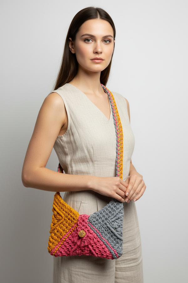 Professional lifestyle shot of model with tri-color macramé crossbody bag