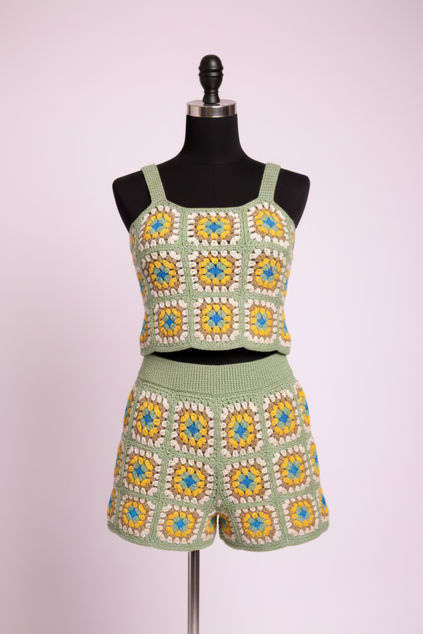 Professional Sage Green Crochet Granny Square Set