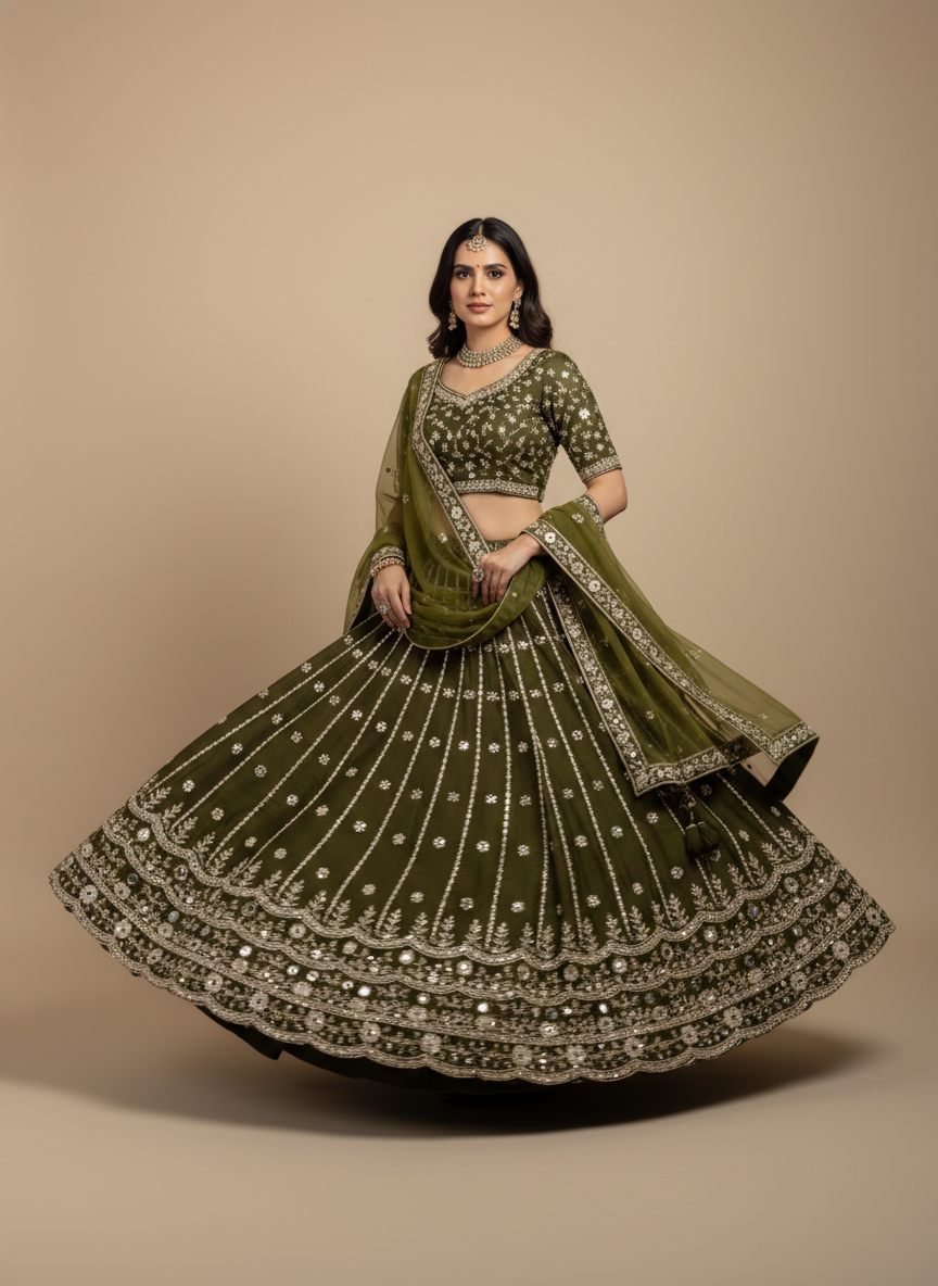 Olive Green & Silver Embroidered Bridal Lehenga Set