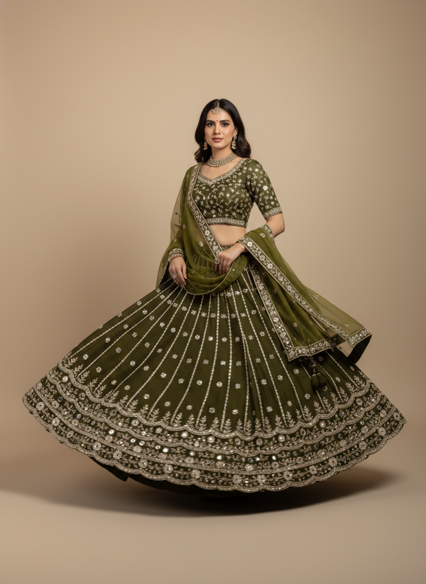Olive Green & Silver Embroidered Bridal Lehenga Set