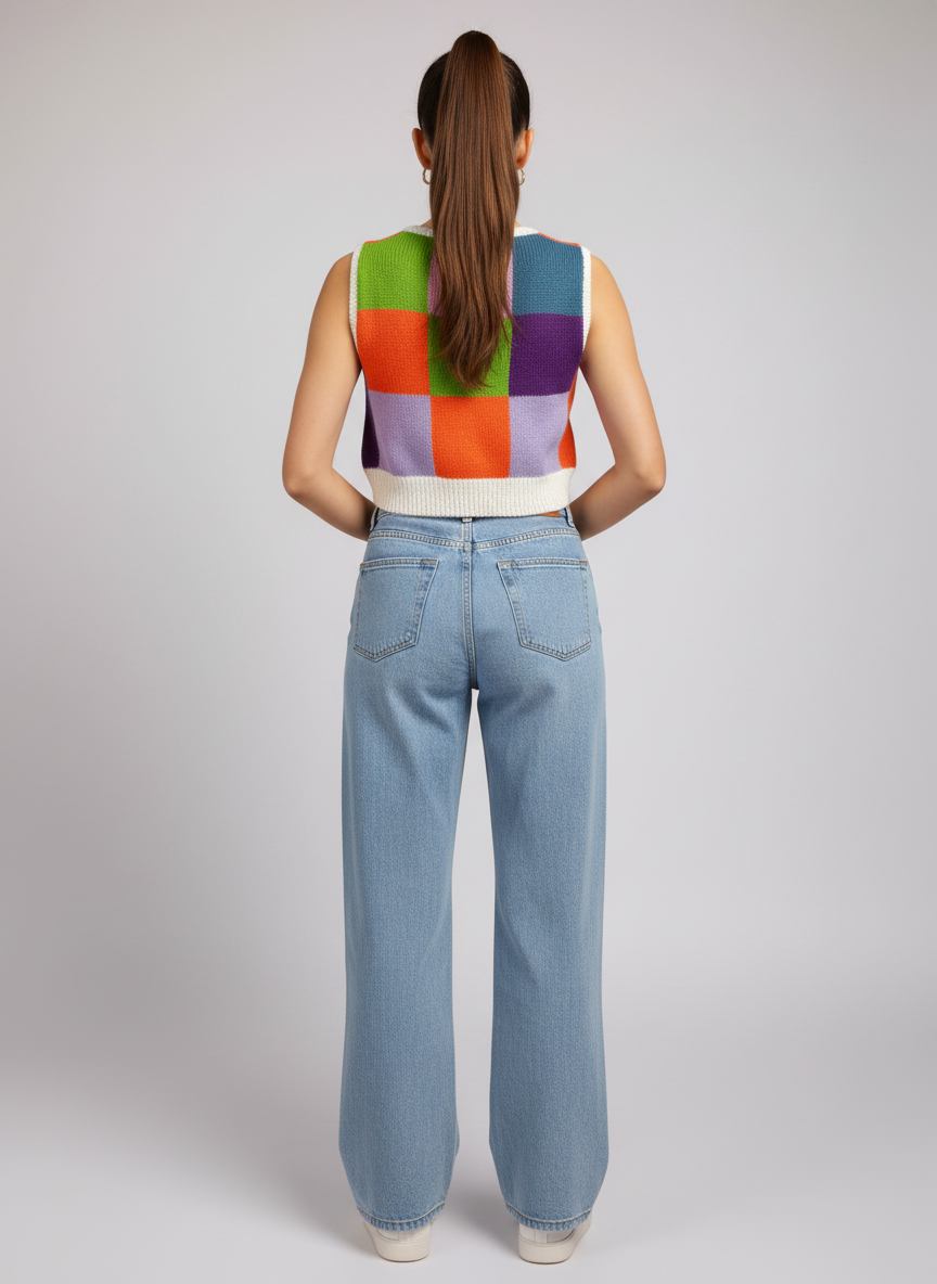 Handcrafted Colorful Patchwork Knit Vest with Embroidered Details