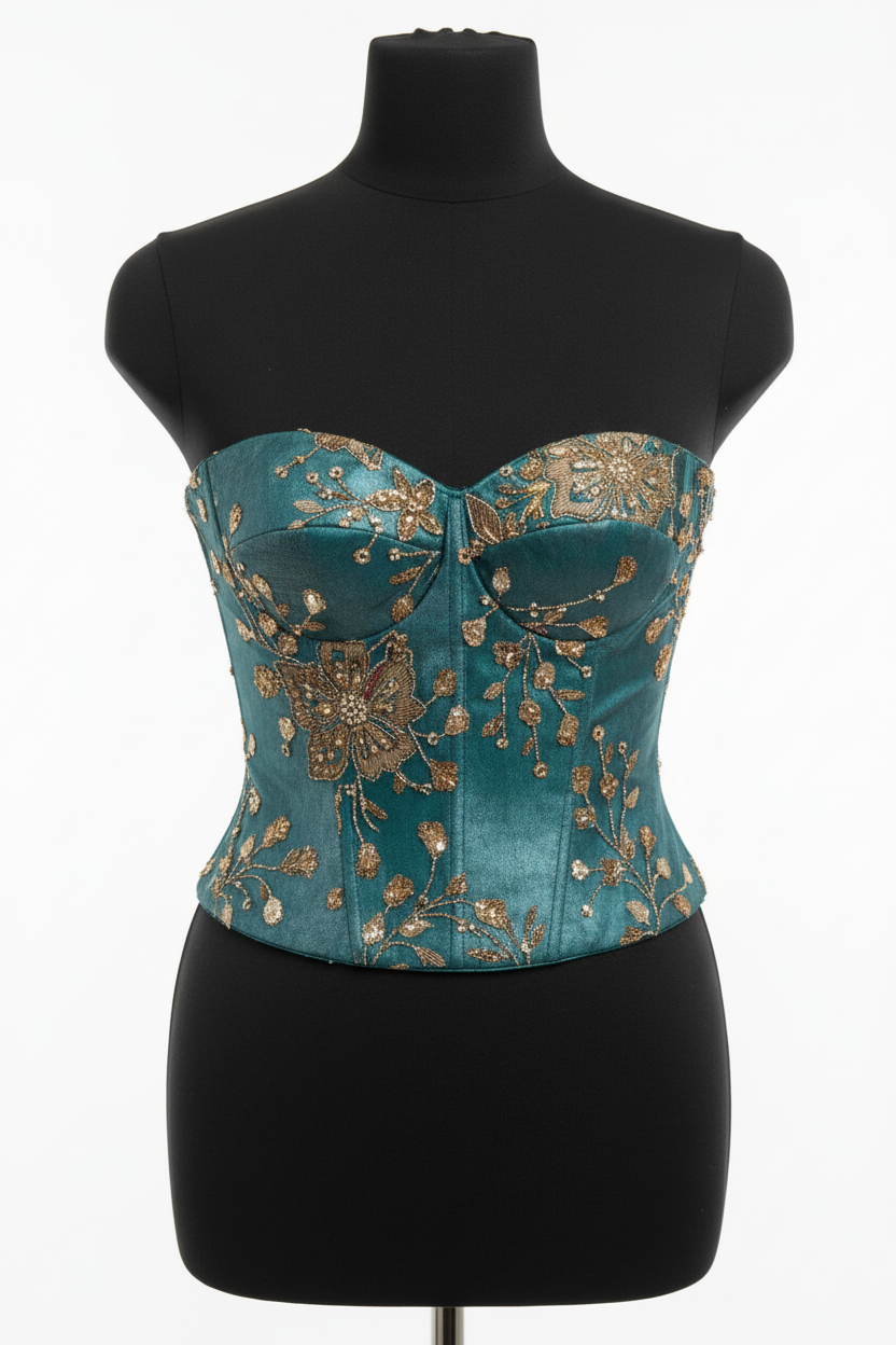 Teal Embroidered Corset Top on Standard Black Mannequin
