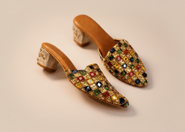 Multicolor Jewel Mosaic Block Heel Mules