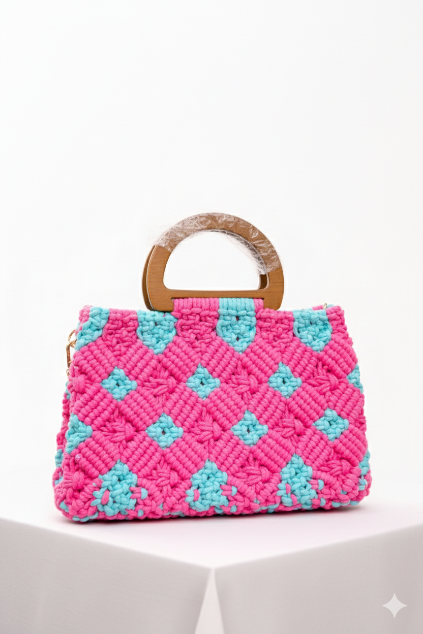 Handcrafted Macramé Bag with Wooden Handle - Pink & Turquoise