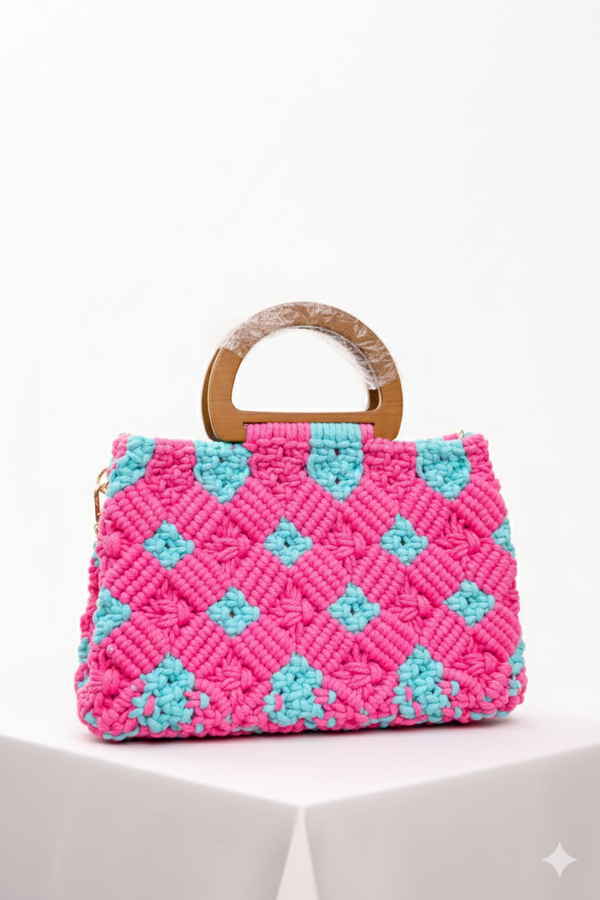 Handcrafted Macramé Bag with Wooden Handle - Pink & Turquoise