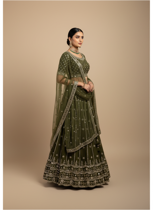 Olive Green & Silver Embroidered Bridal Lehenga Set